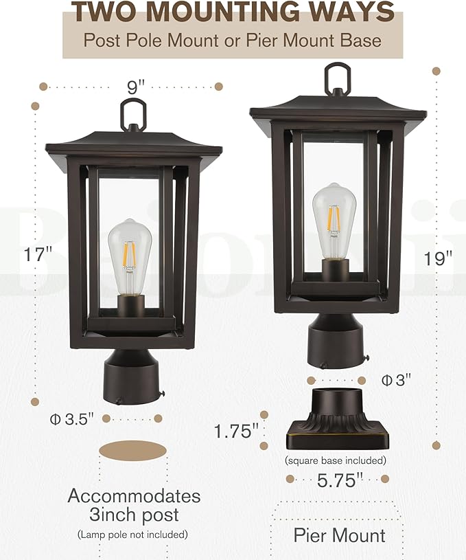 Beionxii Oil Rubbed Bronze Outdoor Post Lights 2 Pack 19In Lamp Post Light Fixture for Outside with Pier Mount Base Waterproof Aluminum HousingORB Column Mount Light(Hardwired 120V)BXA197-P-2P-ORB