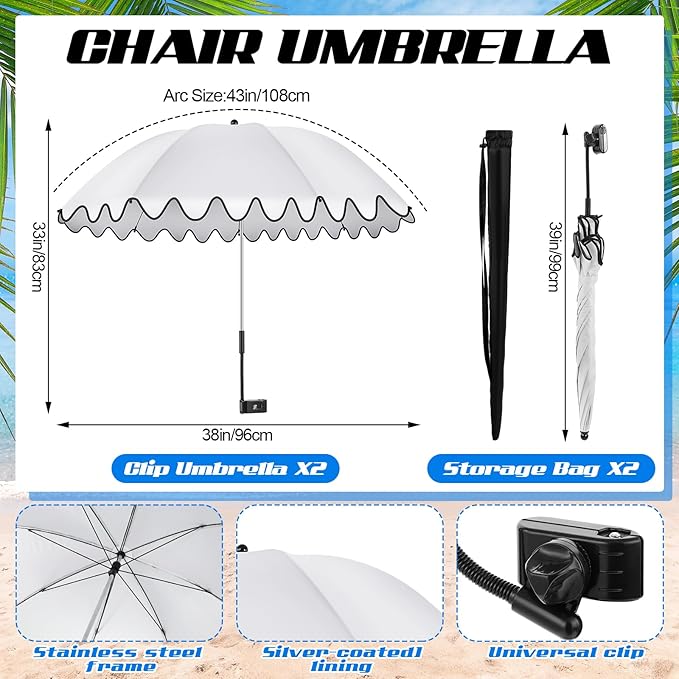 Abbylike 2 Pcs Scalloped Chair Umbrella with Universal Adjustable Clamp 38'' Portable Wheelchair Umbrella UPF 50+ Camping Chair Parasol with Bag for Outdoor Patio Lawn