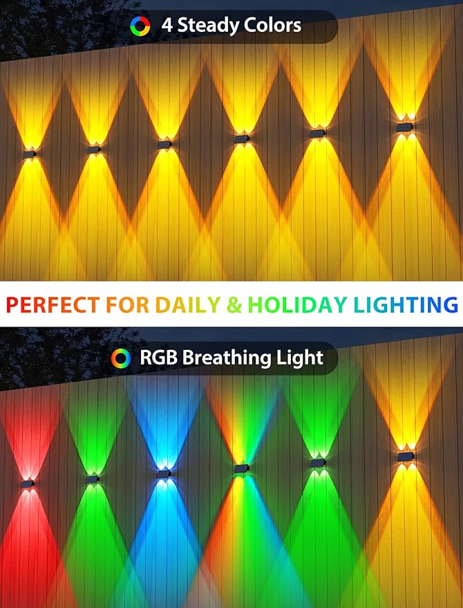 Solar Fence Lights6 Pack Solar Lights Outdoor Warm White+RGB Up &amp Down Waterproof 100 Lumens Dusk to Dawn for Wall/Backyard/Pool/Railing/Patio/Porch/Step