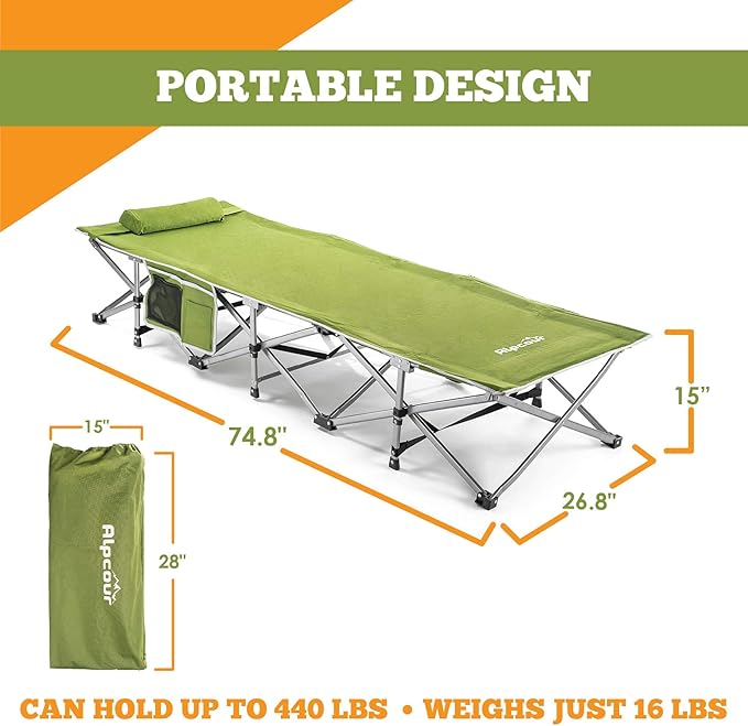 Alpcour Folding Camping Cot – Extra Strong Single Person Small-Collapsing Bed in a Bag w/Pillow for Indoor &amp Outdoor Use – Deluxe Comfortable Extra Heavy Duty Design Holds Adults &amp Kids Up to
