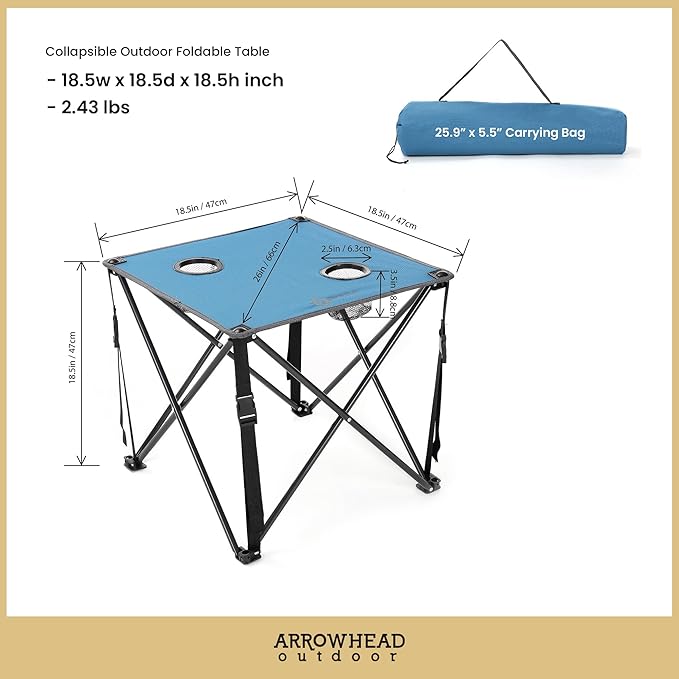 ARROWHEAD OUTDOOR 26” (66cm) Portable Camping Folding Table 2 Cup Holders Square Carrying Case Steel Frame High-Grade 600D Canvas