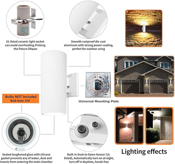 Dusk to Dawn Sensor Outdoor Wall Light Exterior Lighting - ETL Listed Die-Casting Aluminum Waterproof Wall Mount Cylinder Design - Up Down Light Fixture for Porch Garage Garden and Patio
