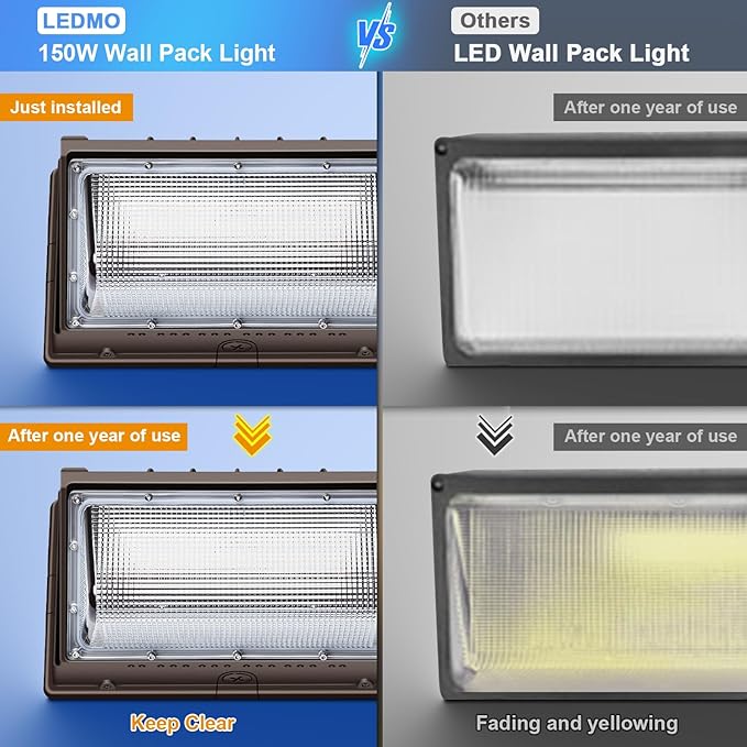 ledmo 150W LED Wall Pack with Photocell Dusk to Dawn 5000K Waterproof Commercial Outdoor Light Fixture 21000lm 100-277V EquivalentEnergy Save Flood Lights for BuildingYardWarehouseGarage