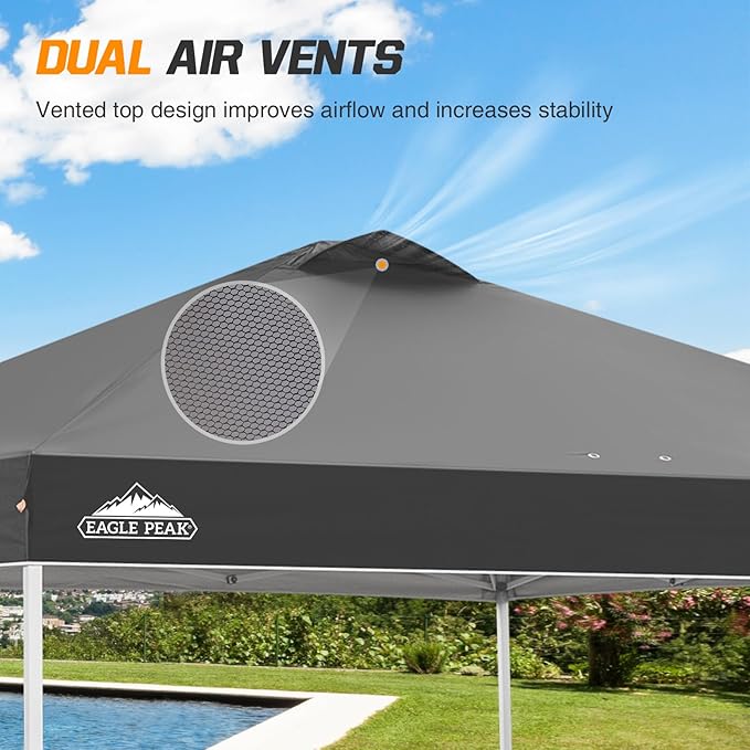 EAGLE PEAK Pop Up Canopy Tent with Wheeled Carry Bag 8 Stakes 4 Ropes 4 Weight Bags Easy Set Up Tent Canopy 10x10 ft 100sqft of Shade Gray