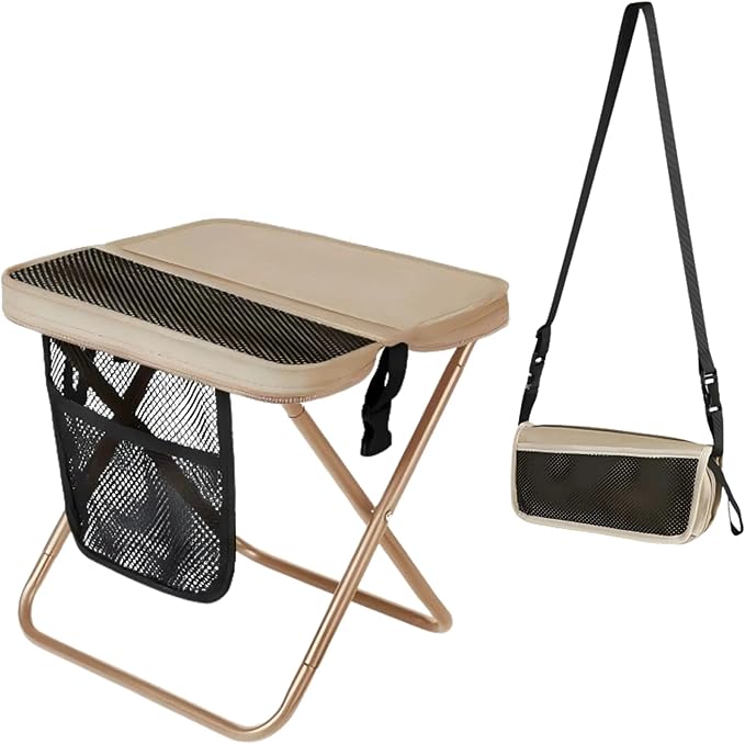 Portable Collapsible Stool - Folding Chair with Storage Pouch Convertible Satchel for Hands-Free Carry &amp Supports 265Lbs Ultralight for Hiking Fishing Camping Festivals (Khaki)