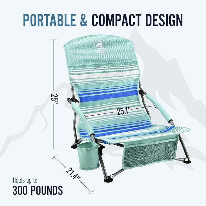 Low Profile Folding Beach Chair 2PK Mint Green Stripes