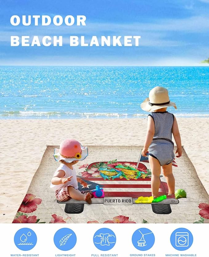 Beach Blanket Waterproof Sandproof Oversized Puerto Rican Flag Car Beach Mat with Corner Stakes Sand Pockets Algiers Frog on Vintage Letter Outdoor Picnic Mat for Travel Camping Hiking 118x108In