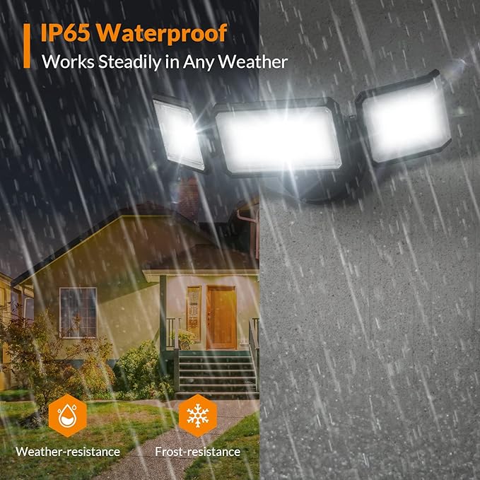 LEPOWER 42W Flood Lights Outdoor - 4200LM Bright LED Security Lights Outdoor with 3 Heads Switch Controlled Exterior Flood Light &amp 220° Wide Angle IP65 Waterproof for Garage Yard Porch (Black)