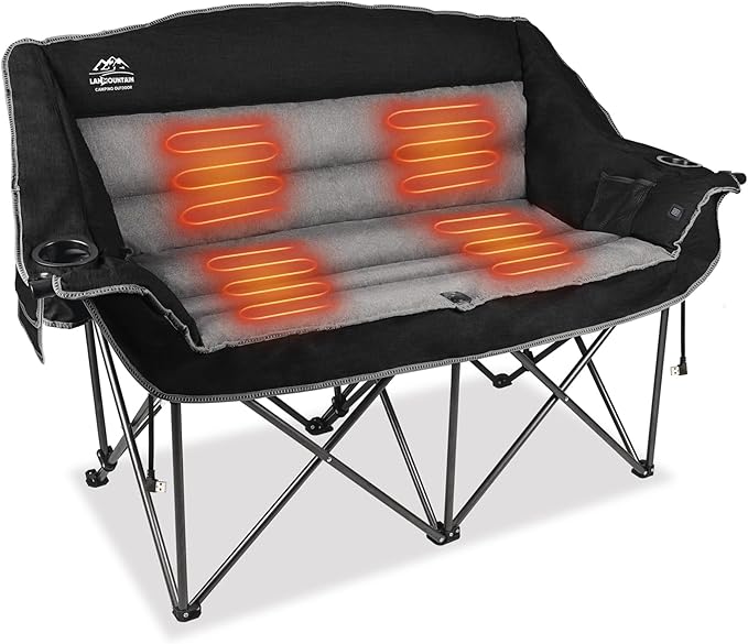 Heated Double Camping Chairs3 Heat Levels Padded Portable Loveseat w/Wine Glass HolderCup HolderHeating Outdoor Camp Couch Support 600 LbsBlackBattery NOT Included