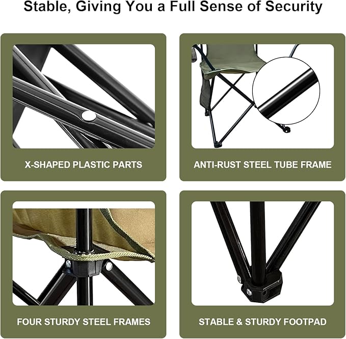 Folding Camping Collapsible Chairs Heavy Duty Lawn Chair with Cooler Bag Storage Pocket Waterproof Bag Outdoor Arm Chair Supports 225LBS Green