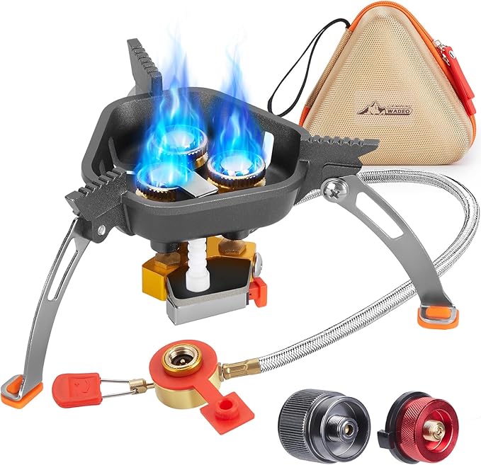 WADEO 7200W Windproof Camping Stove Camping Gas Stove with Piezo Ignition Two Fuel Canister Adapter Carry Case Portable Stove Backpacking Stove for Outdoor Backpacking Hiking and Picnic