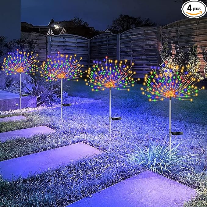 4 PCS Solar Firework Light Outdoor Solar Garden Decorative Lights 120 LED Powered 40 Copper Wires String DIY Landscape Light for Walkway Pathway Backyard Christmas Decoration Parties (Colorful)