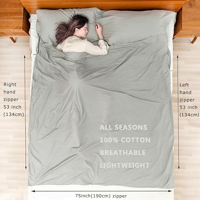 100% Cotton Sleeping Bag Liner with Full Length Zipper on 3 Sides Single/Double Adult Sleep Sack for Travel &amp Camping Multifunctional Travel Sheets (Unzipped 87”x87”) for Hotel Lightweight