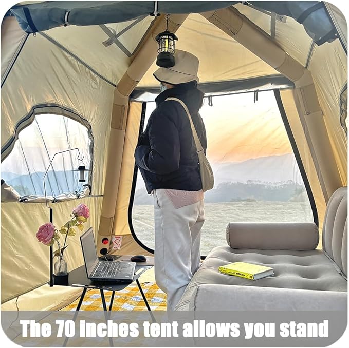 Camping Inflatable Tent with Pump 4 Person Easy Set up Glamping House with Mesh Waterproof Family Air Blow Up Tents