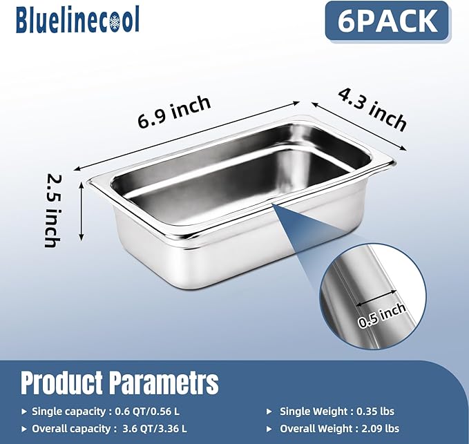 6 Pack 1/9 Size Steam Table Pan Set2.5 Deep Hotel Pans Half Size Anti Jam Stainless Steel Food Pan for RestaurantsCateringHotel BuffetHomeParty