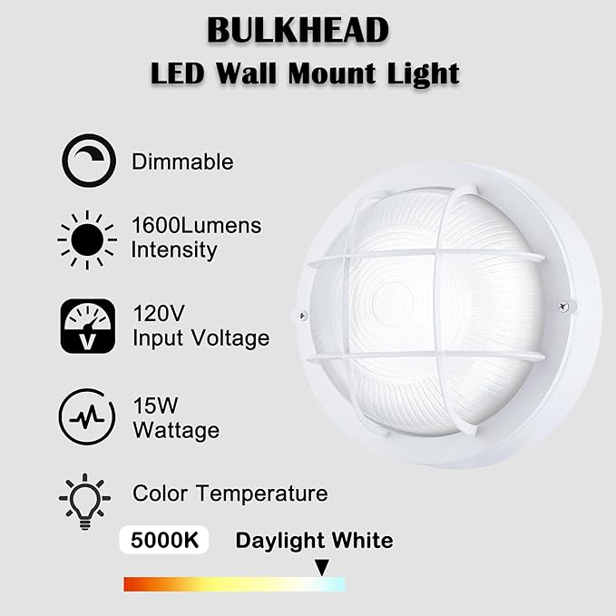 Round Bulkhead Light Fixture Dimmable Outdoor Wall Lantern LED Nautical and Sauna Light 15W 1600 Lumens 5000K White Aluminum with Frosted Glass 1-Pack
