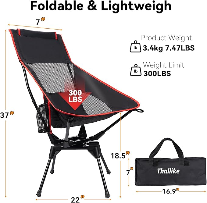 Upgraded 360° Swivel Folding Camping Chair Lightweight High Back Portable Chairs with Head Support Compact &amp Stable for Outdoor Camp Travel Beach Picnic Festival Fishing Hiking Backpackin