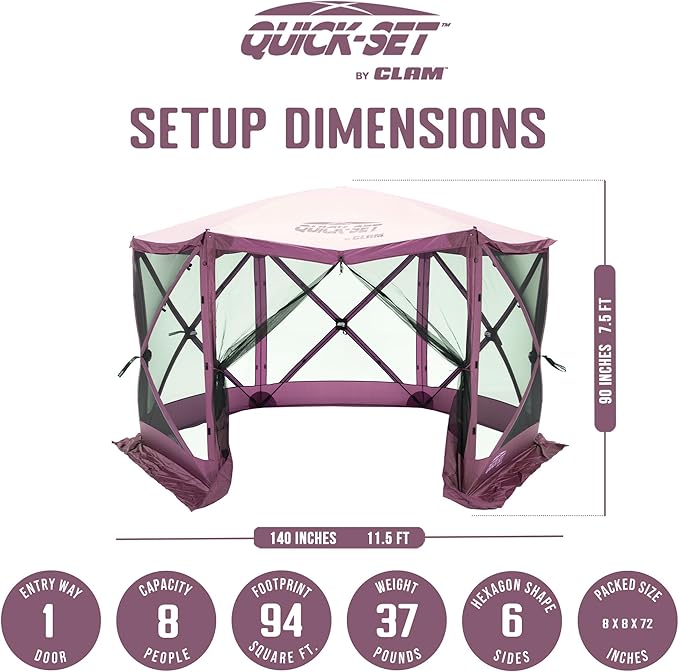 CLAM Pop-Up Screen Tent 11.5' Outdoor Camping Gazebo Portable 6-Sided Canopy with Ground Stakes &amp Carry Bag Escape Plum