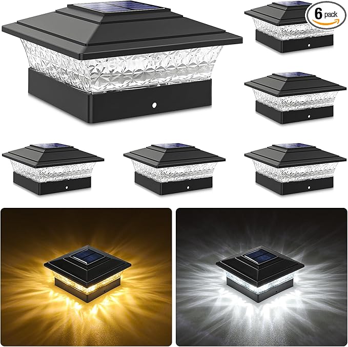 Solar Post Cap Lights Outdoor 6pack Waterproof Fence Post Lights with 16 Ultra Bright LEDs Fit 4x4 Wood/Vinyl Posts Black Deck Post Lights with Warm/Cool White for Garden Patio Porch Yard