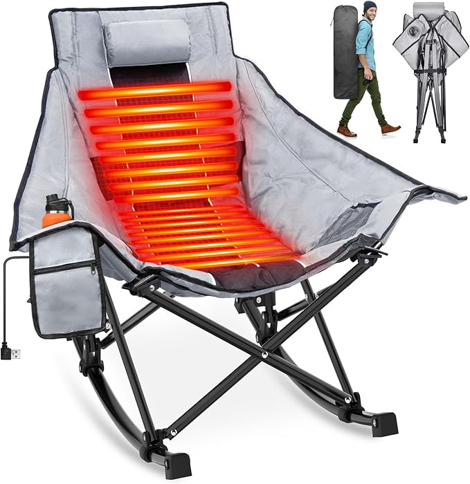Suteck Heated Rocking Camping Chair XL Oversized Rocking Chair Outdoor with 3 Heat Levels for Back and Seat Heated Chairs Outdoor Sports for Patio Lawn Picnic Travel Battery(Not Included)