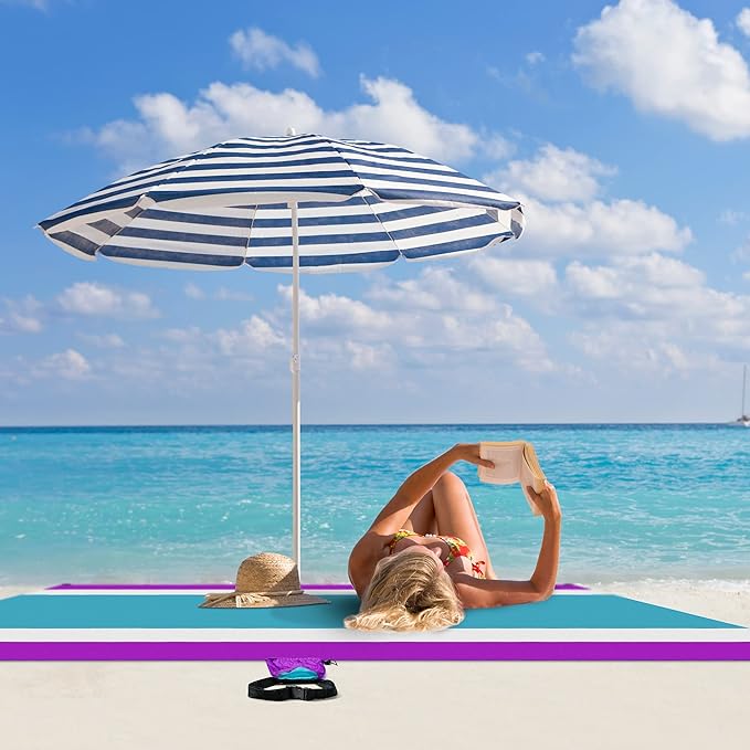 Purple Water-Resistant Sandproof 10x9ft Beach Blanket With Umbrella Hole–Beach Mat Compact and Lightweight Stuff Sack 4 Stakes Sand Pockets Works with Beach Canopies Umbrellas Kids Tent
