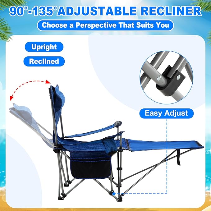 2 Set Reclining Camping Chair with Umbrella for Adult Folding Camping Chair with Foot Rest Adjustable Clamp Canopy Shade SPF 50+ Lounger for Outdoor Spring Summer Travel(BlueOxford)