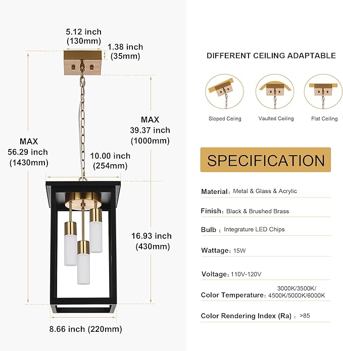 TODOLUZ 3-Light Large Outdoor Pendant Light with Frosted Coloum 5CCT Dimmable Exterior Chandelier Hanging Porch Lighting (3000K/3500K/4500K/5000K/6000K)