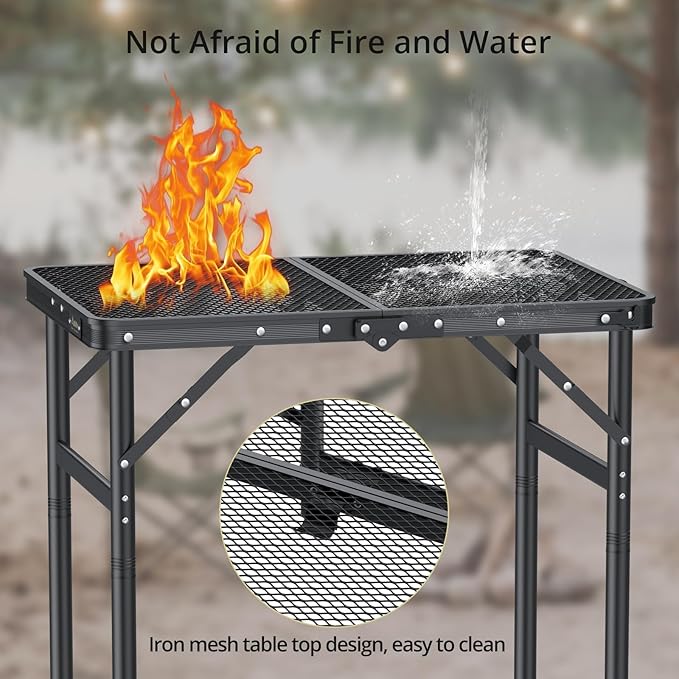Anbte 2ft Folding Grill Table Max 29.5 3 Adjustable Height Lightweight Camping Table with Heat-Resistant Mesh Tabletop Portable Handle Waterproof for Cooking BBQ Outdoor 22.8 X 16 Black