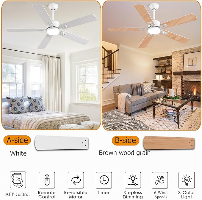 56inch Modern White Ceiling Fans with Lights and Remote/App Control Dimmable LED Reversible DC Motor Noiseless 6 Speeds Low Profile Ceiling Fan for Livingroom Indoor/Outdoor Use