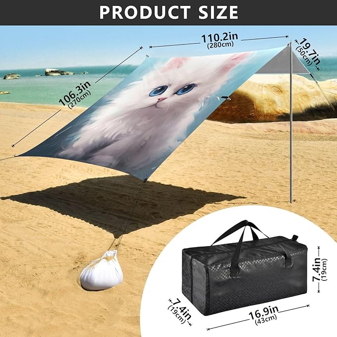 Cute Fluffy Cat Beach Tent Sun Shelter 9.2' x 10.5' Beach Canopy with 4 Sandbags 4 Stability Poles Sand Shovels - Tent Canopy for Beach Camping Fishing Picnics