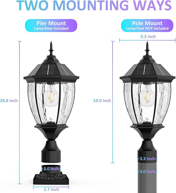 Solar Lamp Post Lights Outdoor Waterproof with Pier Mount Base 20 H Large Aluminum Outside Solar Lights for Yard Dusk to Dawn Outdoor Column Lights for Garden Pathway Patio(1 Pack)