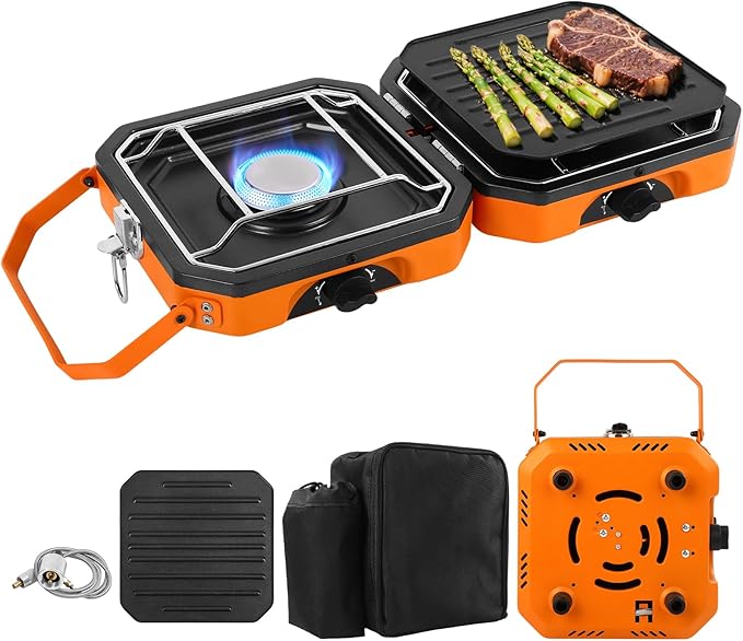 Dollate 2-Burner Propane Stove with Griddle and Carrying Bag Portable Foldable Camping Stove with 2 Adjustable Burners 16000 BTUsfor Camping Tailgating Essentials Gear (Orange)