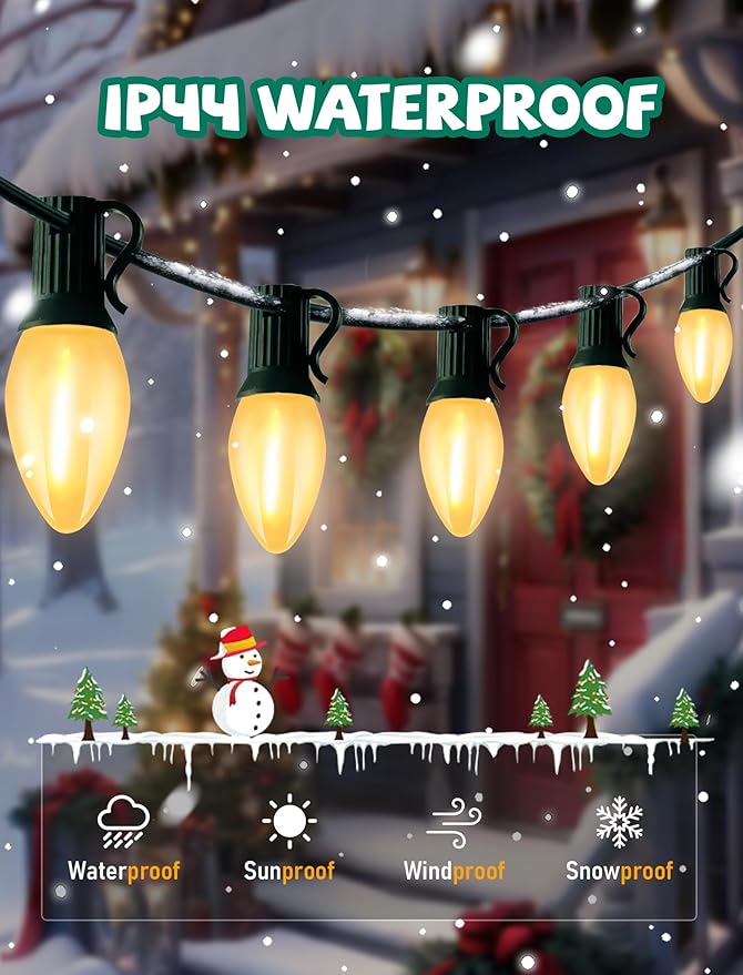 C7 LED Christmas Lights 25Ft Vintage C7 Christmas Lights with 27 LED Frosted White Bulbs Hanging Connectable Xmas String Light for Patio Garden Holiday Home Xmas Decor