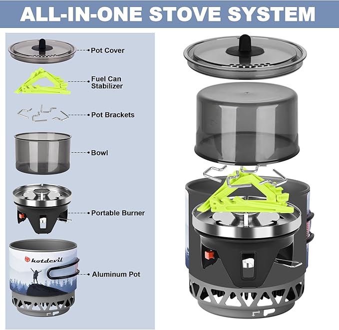 1.2L Backpacking Camping Stove Cooking System with Piezo Ignition Outdoor Portable Burner with Pot &amp Brackets Camp Stove Camping Stove Kit Propane Ideal for Hiking Fishing Hunting