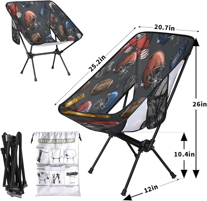 Sport Rugby Themed Camping Chair Folding Backpacking Chair Portable Lightweight Outdoor Chairs with Side Pockets for Hiking Beach Picnic