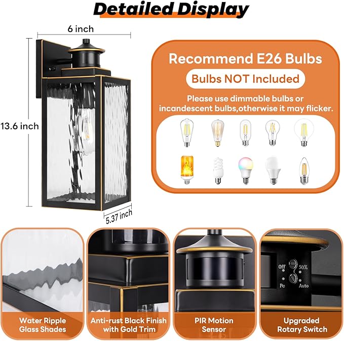 13.6 Motion Sensor Outdoor Wall Sconce Lantern Exterior Waterproof Wall Lights Fixture with Water-Rippled Glass Bronze Outside Mount Lighting for House Porch Garage Patio Bulbs Not Included
