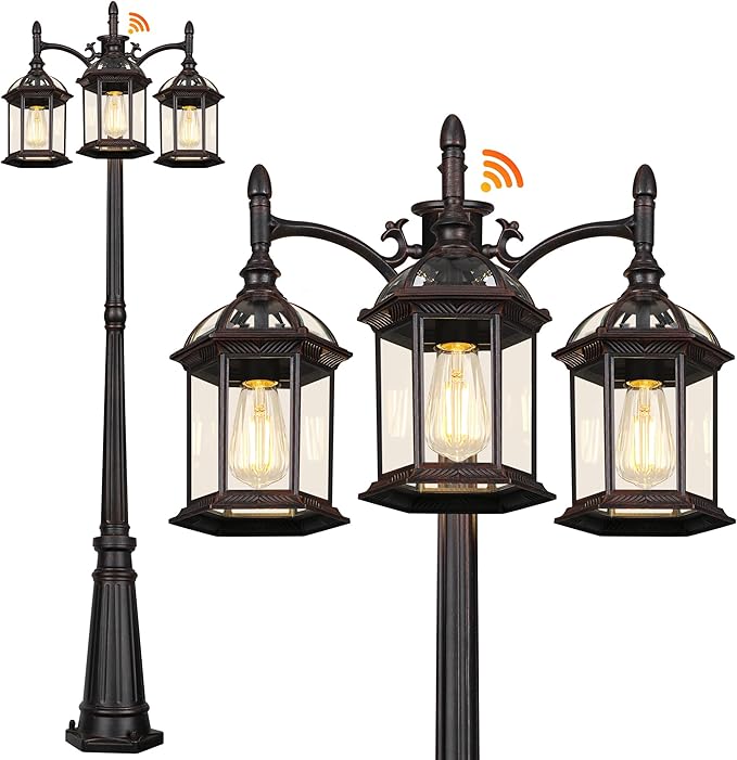 Dusk to Dawn Outdoor Lamp Post Light with 3 LED Bulbs Triple Head Aluminum Street Light Post for Outside with Sensor Waterproof Birdcage Pole Lighting Fixture for Backyard Garden Patio Bronze