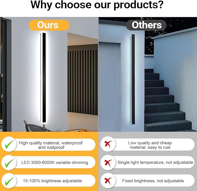 Modern Outdoor Wall Light 79 Inch 2PC Long Exterior Wall Lighting IP65 Waterproof 3000K-6000K Dimmable LED Outdoor Wall Sconce Linear Long Wall Light for House Exterior Patio Garage