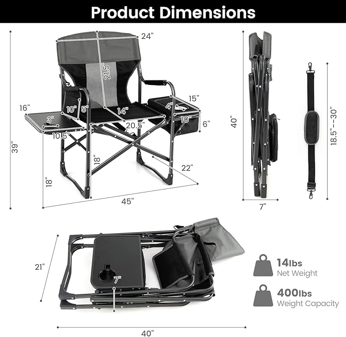 Tangkula Camping Chairs Folding Camp Chair with Side Table Cooler Bag Portable Outside Padded Lawn Chair for Travel Picnic Fishing Heavy Duty Oversized Director Chair for Adults Supports 400lbs
