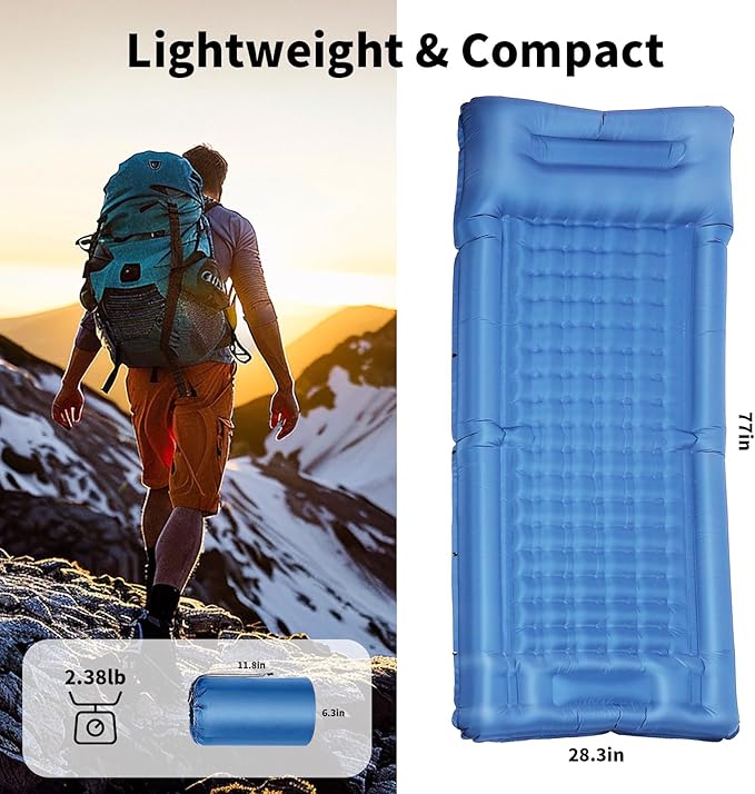Camping Sleeping Pad Self-Inflating Sleeping Mats with PillowThick 6.2 Inch Ultralight Sleeping Pad with Built-in Foot Pump for Camping Backpacking Hiking Traveling Tent