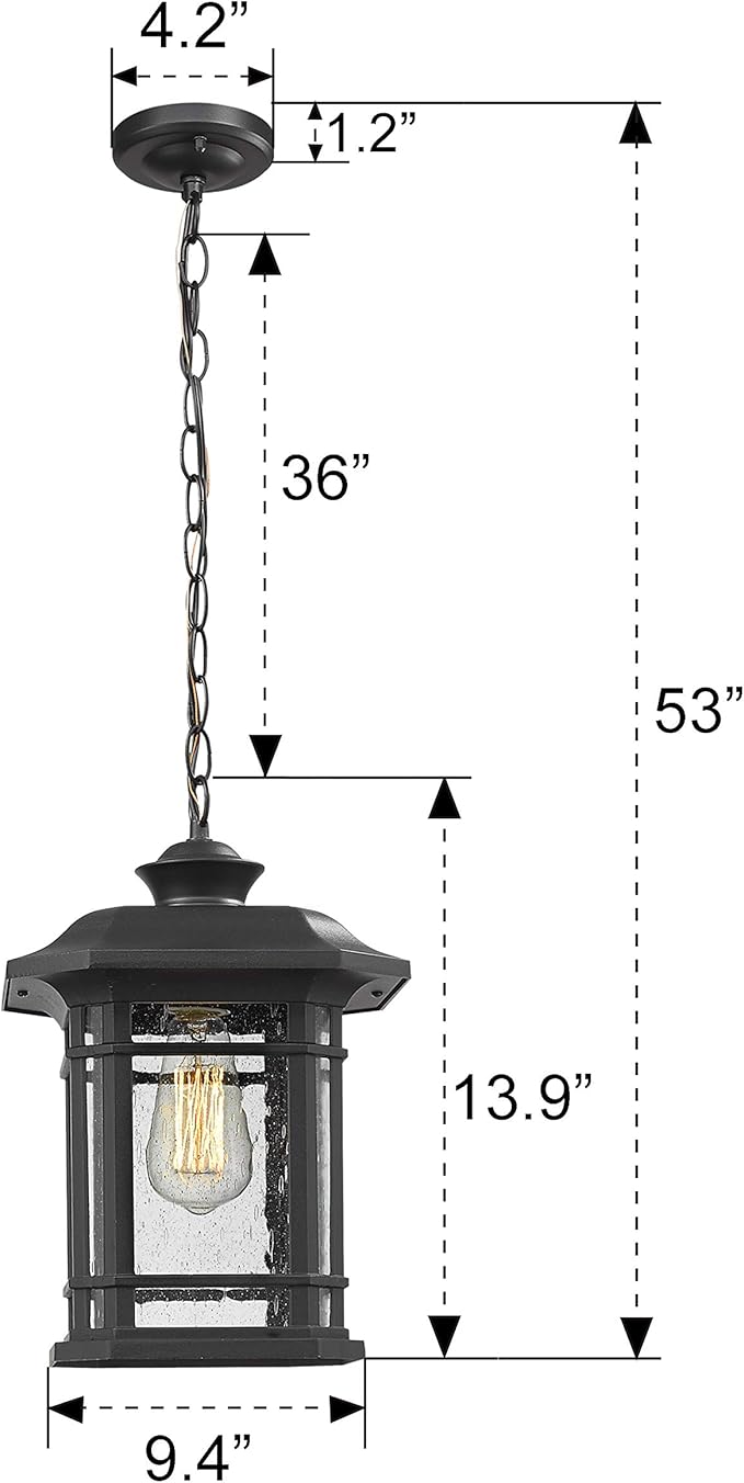 Emliviar Modern Exterior Pendant Light Lantern 14 Outdoor Hanging Light in Black Finish with Seeded Glass A2202110D1