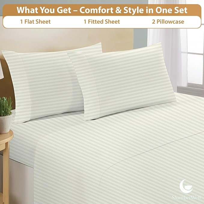 SlumberWell California King Sheet Set 4 Piece Luxury Soft Microfiber RV Camper Bedding 8 to 12 Inch Deep Pocket Sheets Fits 72x84 Mattress Ivory Stripe