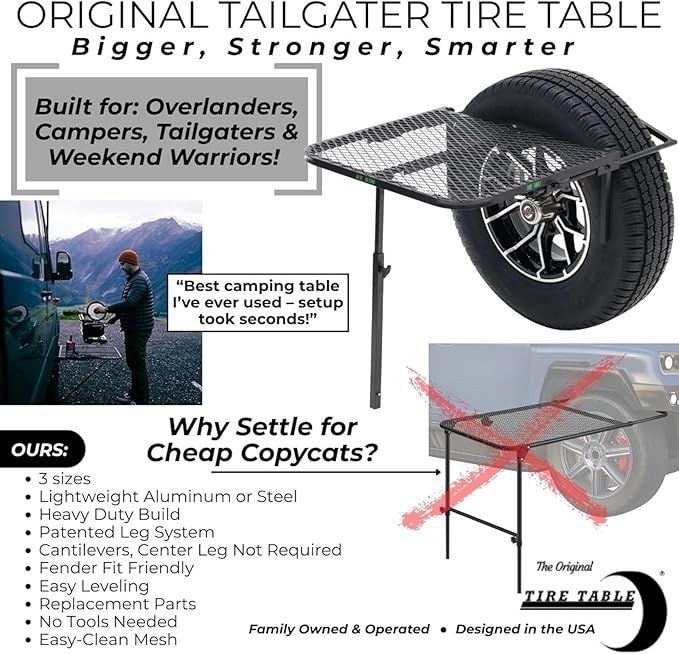 Tire Table with Included Bamboo Cutting Board and/or Carrying Bag Aluminum or Steel Small Medium or Large Sizes Installs in Seconds Check Bullets for Dimensions and Compatibility
