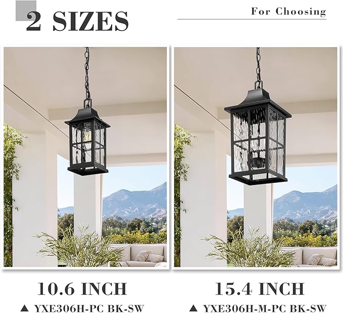 Emliviar Modern Outdoor Hanging Lantern with Dusk to Dawn Sensor 10.6 Inch Pendant Lighting Fixture for Porch in Black Finish Water Ripple Glass YXE306H-PC BK-SW