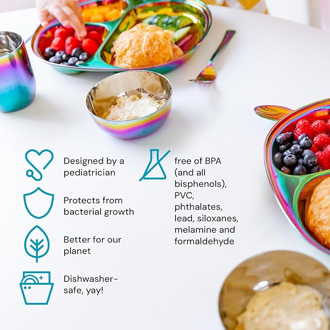 Ahimsa Stainless Steel Kids Dinnerware Set Pediatrician Designed 5 Piece Toddler Plates and Bowls Set Stainless Steel Divided Plate Cup and Kids Utensils Rainbow
