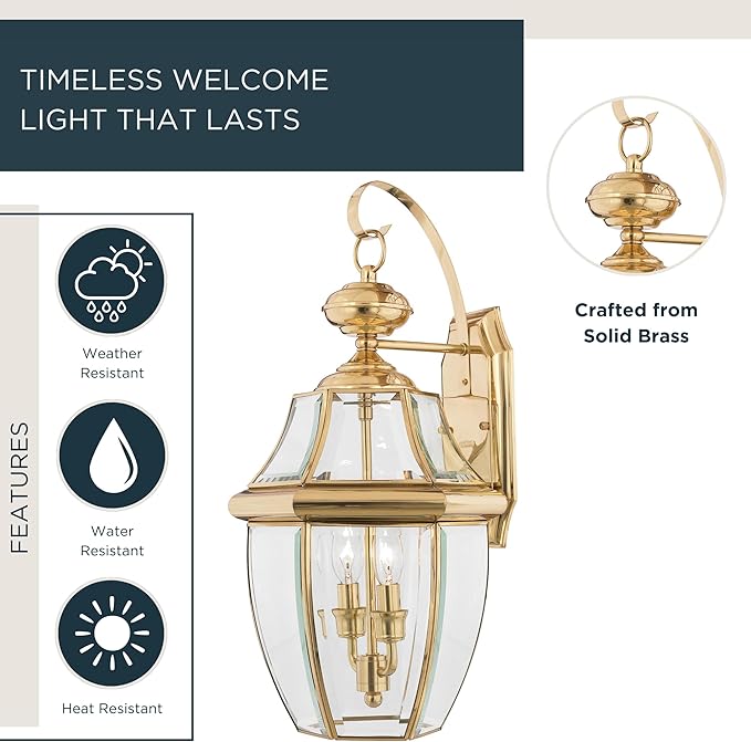 Quoizel Newbury 20 Outdoor Wall Lantern 2-Light Polished Brass with Clear Beveled Glass E12 Base French Country Style