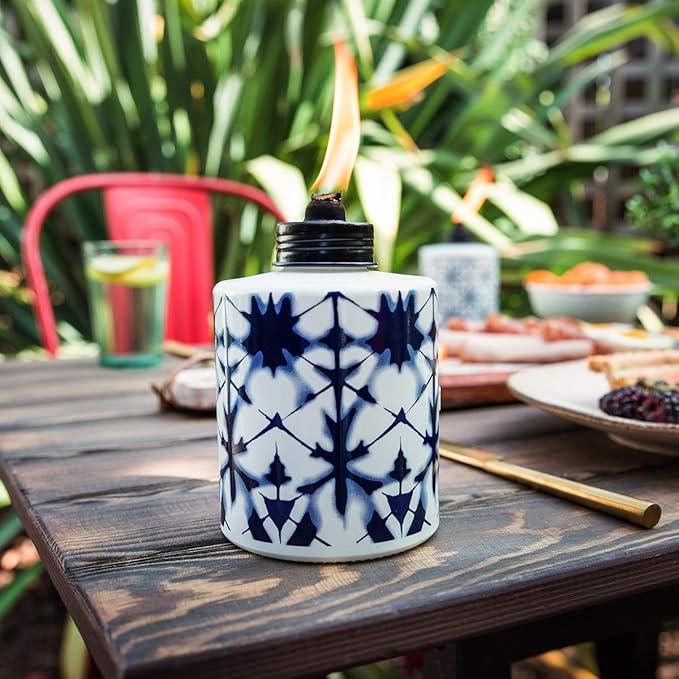 TIKI Glass Tie-Dye Tabletop Torches 3-Pack – Decorative Outdoor TIKI Torches for Patio Backyard &amp Garden – Portable Tabletop Citronella Torches for Outdoor Lighting – Blue 5.75-Inch