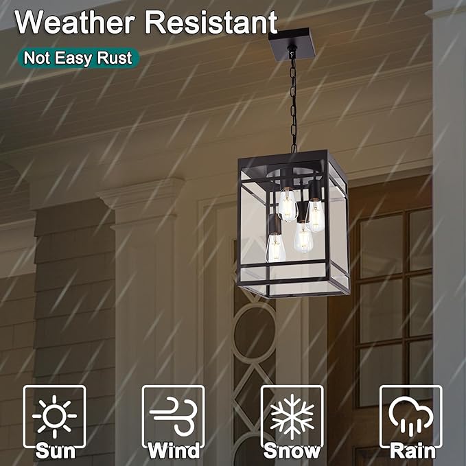 Large Outdoor Pendant Light for Porch Oil Rubbed Bronze Outdoor Hanging Light Fixture with Clear Glass Shade Exterior Linear Chandelier Hanging Lantern for Outside PatioFront Door