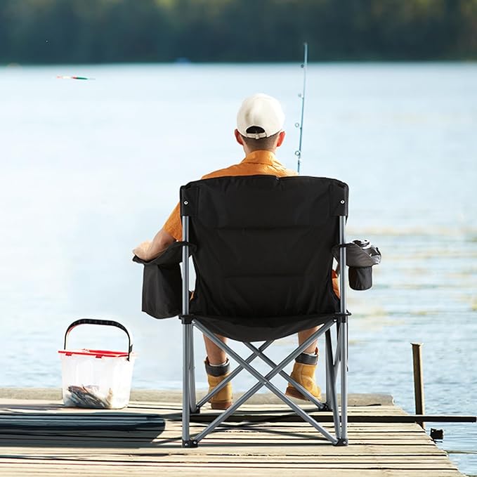 VEVOR Oversized Camping Folding Chair Portable Heavy Duty Outdoor Quad Lumbar Back Padded with Side Pockets Cup Holder and Cooler Bag for Beach Lawn Picnic Fishing Backpacking Black