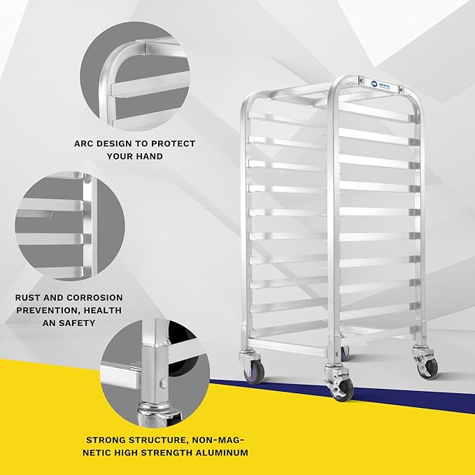 10-Tier Half Sheet Pan Rack with Cover Bun Pan Rack Cover Aluminum Bakery Racks Home Commercial Kitchen Bakery Cooling Rack Speed Rack with 4 Wheels